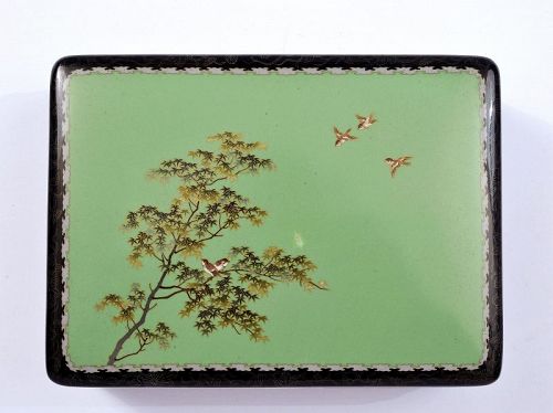 19C Japanese Ando Cloisonne Enamel Box Gold Silver Wire Bird