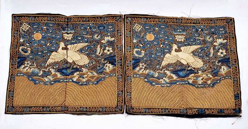 Pair 19C Chinese Silk Embroidery Civil Rank Badge Metallic Threads