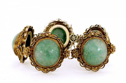 1930's Chinese Gilt Silver Filigree Jadeite Cabochon Bracelet