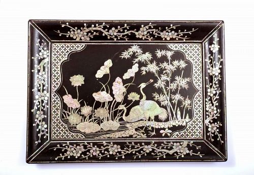 16C Chinese Mother of Pearl Lac Burgaute Lacquer Tray Plate