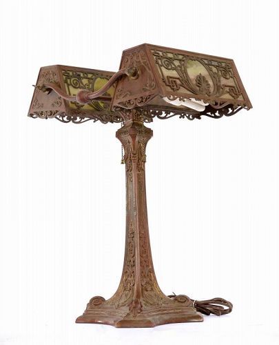 1910's Wilkinson Slag Glass Overlay Bronze Double Desk Lamp