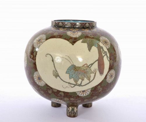 Meiji Japanese Wireless Cloisonne Tripod Censer Insect Dove Bird