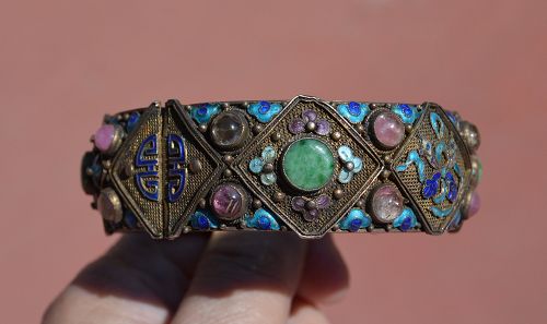 Chinese Gilt Silver Enamel Filigree Jadeite Tourmaline Bracelet Mk