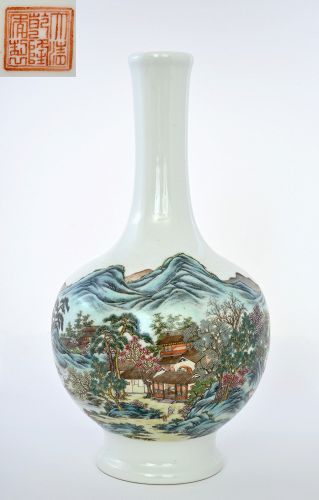 1960's Chinese Famille Rose Long Neck Vase Landscape Marked