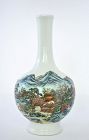 1960's Chinese Famille Rose Long Neck Vase Landscape Marked