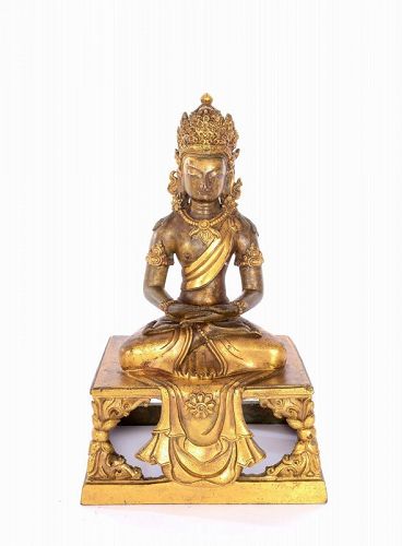 18C Chinese Qianlong Sino-Tibetan Gilt Bronze Amitayus Buddha