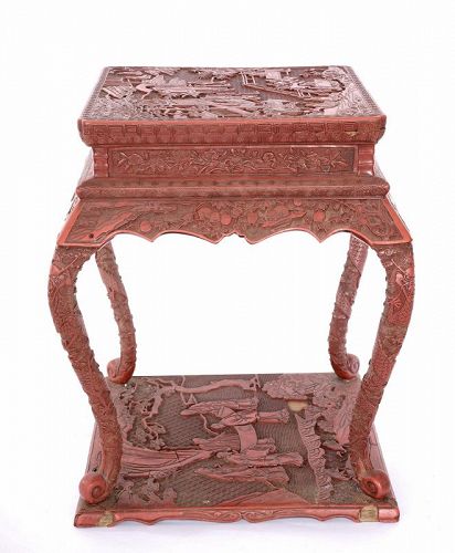 18C Chinese Cinnabar Lacquer Carved Stand Table Stool Scholar Figure