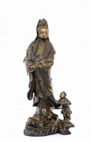 Vintage Chinese Fuzhou Lacquer Wood Carved  Kwan Yin Buddha Boy