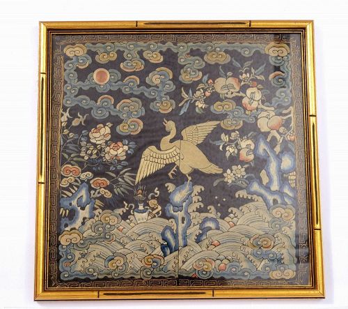 19C Chinese Silk Embroidery Civil Rank Badge Bird Panel