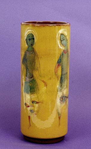 Polia Pillin Yellow Glaze Art Pottery Vase 3 Girl Figure & Fish Sg