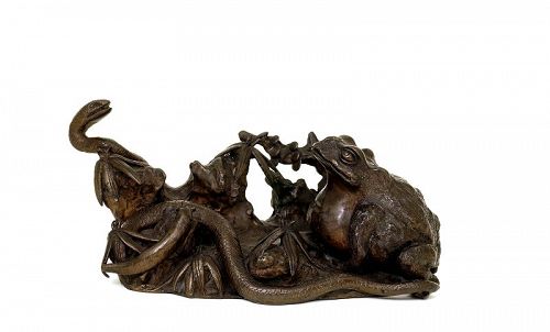 19C Japanese Bronze Okimono Toad Frog Snake Slug Bamboo Forest Animal