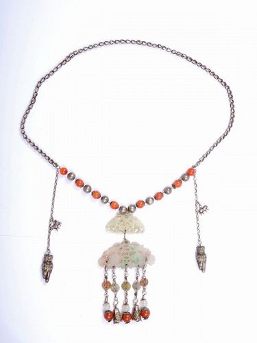 Chinese Jade Plaque Carnelian Agate Bead Silver Charms Necklace