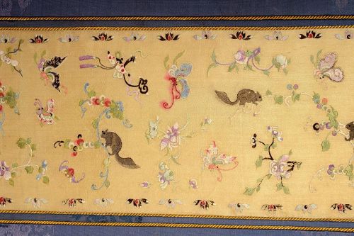 1900's Chinese Silk Embroidery Panel Squirrel Butterfly Flower