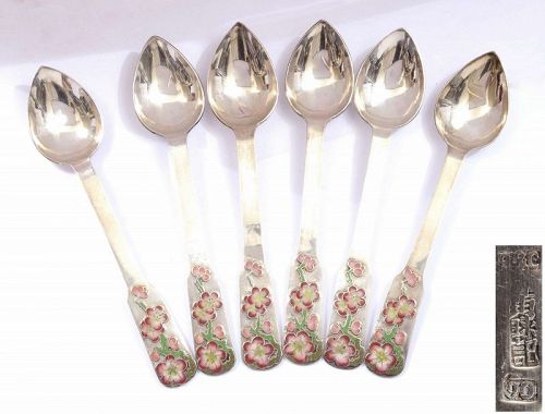 Set of 5 Vintage Chinese Silver Enamel Spoon Marked