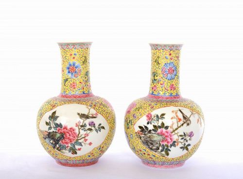 2 Chinese Famille Rose Porcelain Vase Bird & Flower Marked