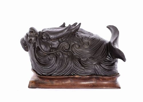 1930's Chinese Porcelain Imitation Bronze Dragon Fish  Statue 独占鳌头