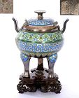 1920's Chinese Beijing Silver Enamel Censer 3 Goats Wood Stand 寶恒祥