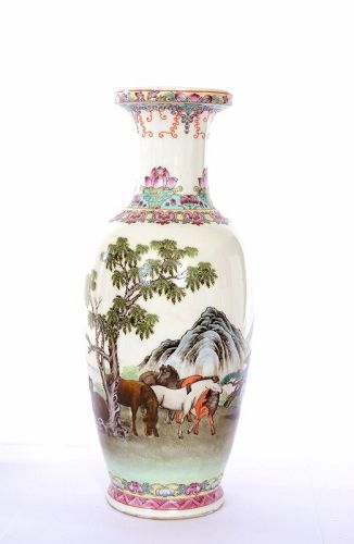 1970's Chinese Famille Rose Porcelain Vase Horse Poem Marked